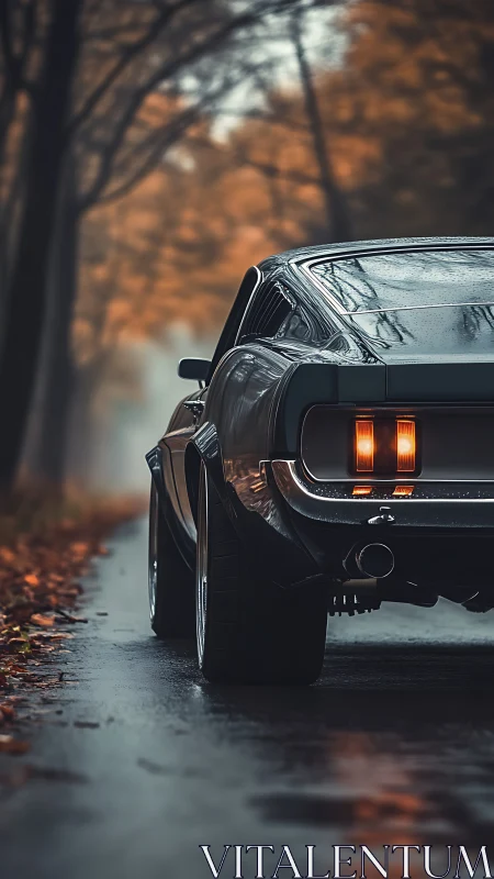 Classic muscle car idling on a quiet misty autumn road.