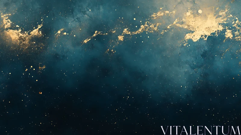 Gold pigment disperses across dark blue abstract background