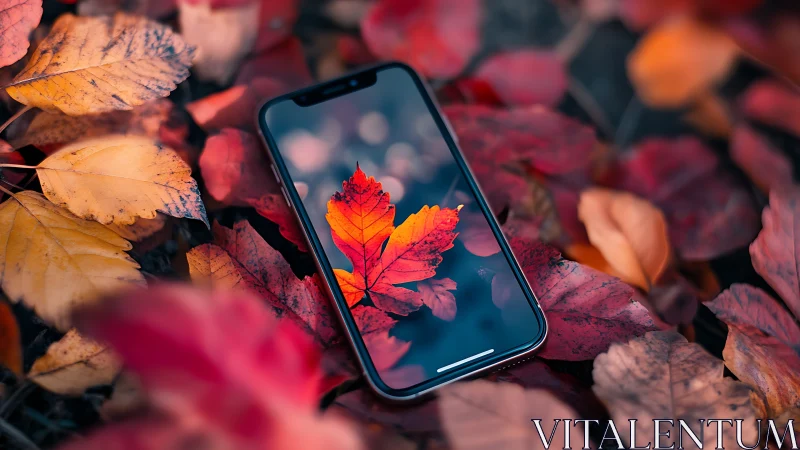 Smartphone screen mirrors vivid autumn leaf in soft focus