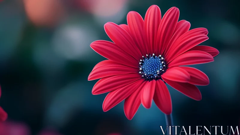 Vibrant Red Gerbera Daisy With Blue Center Detail.