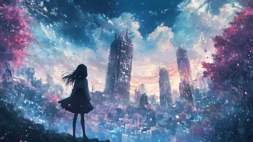 Silhouetted girl observes luminous futuristic city skyline