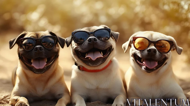 Three pugs in sunglasses lying on sand at beach.
