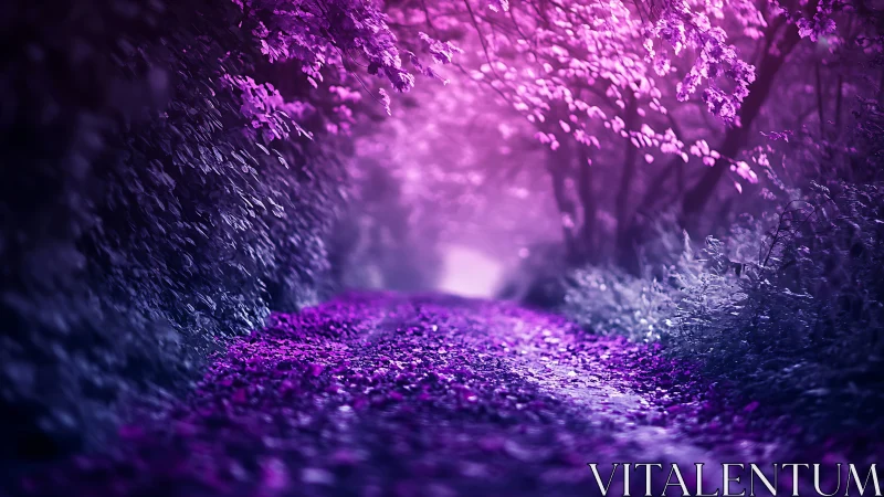 Luminescent Forest Tunnel with Neon Purple Foliage Canopy.