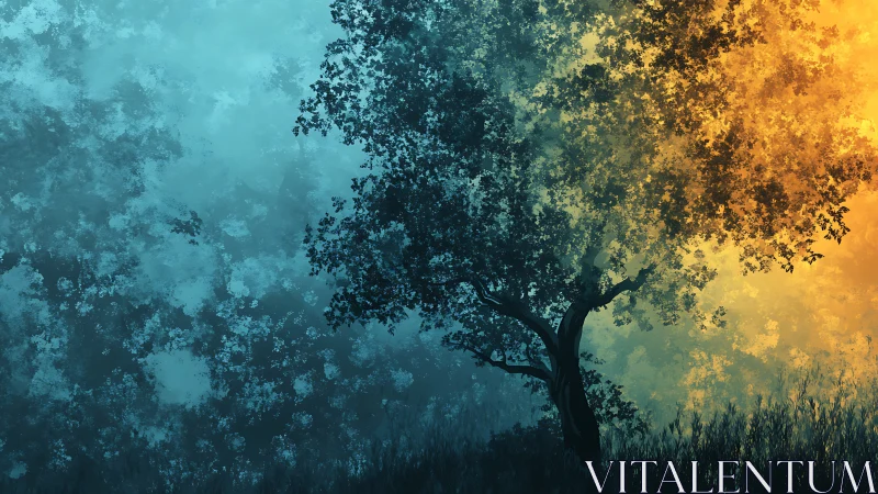 One graceful tree gently bridges cool night and warm dawn