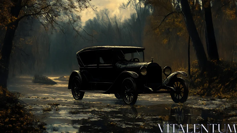 Vintage black car parked on wet forest road at dusk.