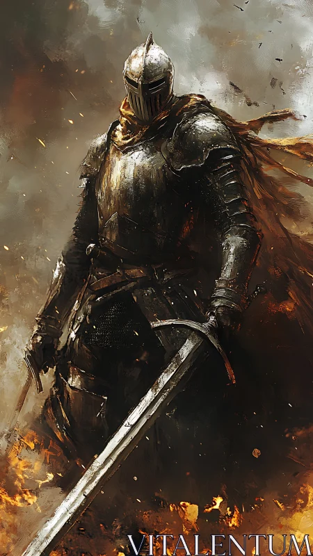 Armored knight strides through raging battlefield flames.