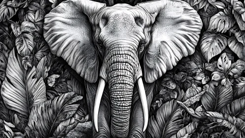 Monochrome elephant portrait emerging from dense jungle foliage.