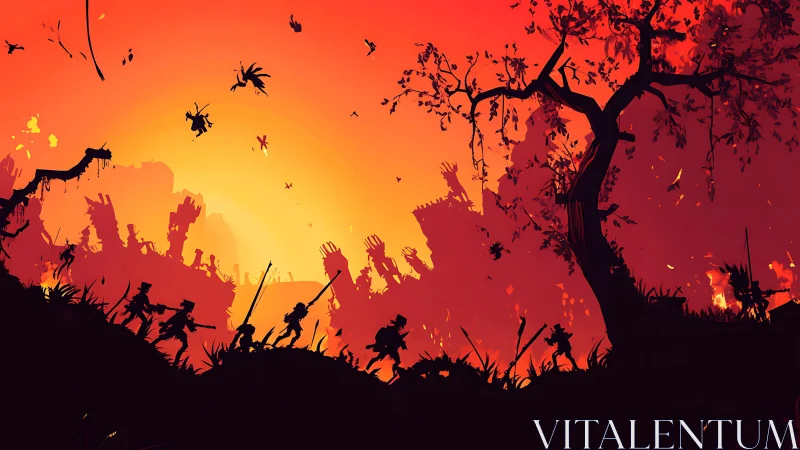 Apocalyptic Uprising: Silhouettes Battle Burning Skies.