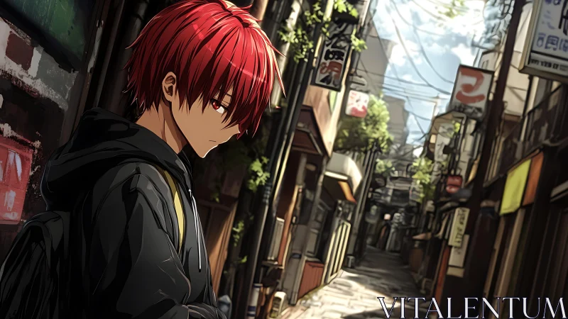 Red-haired daydreamer wandering a quiet city alleyway.