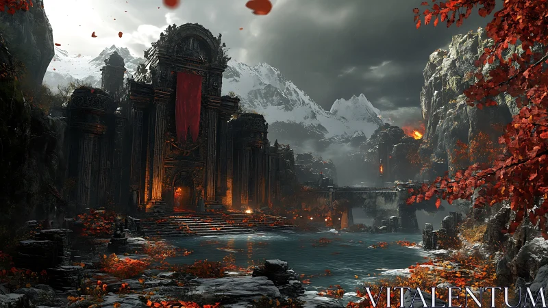 Ancient mountain citadel glows above crimson autumn lake