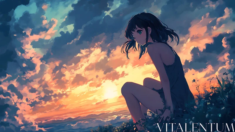 Anime sunset portrait with atmospheric sky gradients and flora.