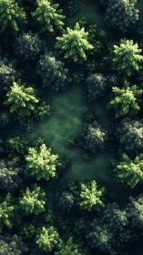 Aerial forest canopy with river channel.