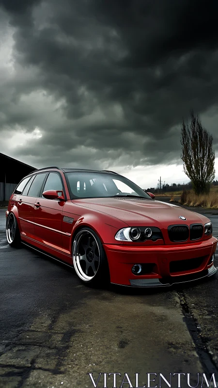 Red BMW wagon stands bold beneath threatening storm clouds.