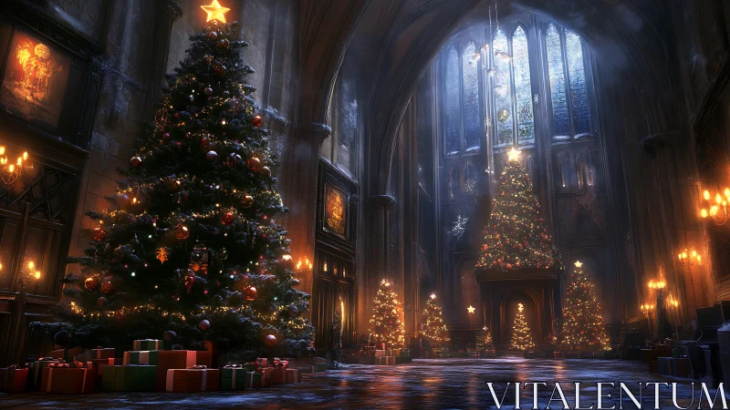 Grand cathedral hall filled with lit Christmas trees.