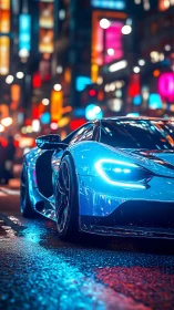 Low-angle neon-lit hypercar on wet cyberpunk city street