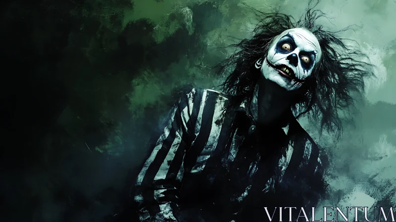 Monochrome striped figure with skeletal face on green field.