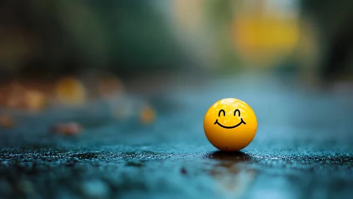 Smiley yellow ball rests on wet asphalt in shallow focus