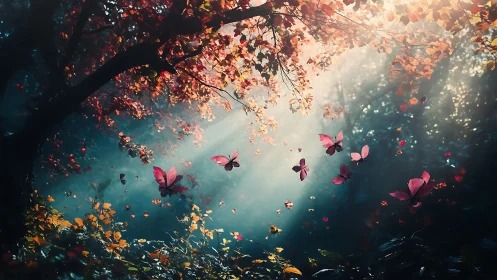 Butterflies move through backlit forest haze in warm tones