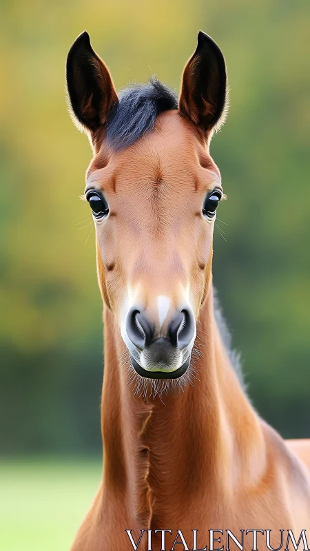 Chestnut foal portrait with soft bokeh and frontal lighting.