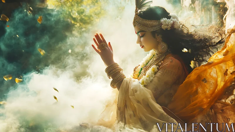 Woman in ornate traditional dress prays amid swirling mist