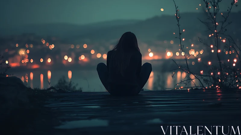 Solitary figure reflects by a glowing lakeside city at dusk