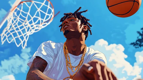 Sunlit streetball moment under a bright summer sky.