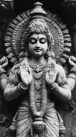 Stone divinity radiates calm grace in monochrome splendor.