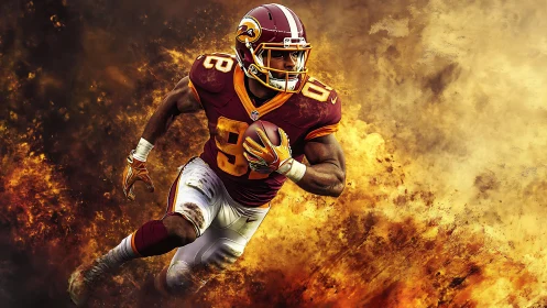 Explosive football runner charges forward through blazing smoke