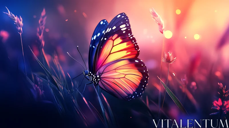 Luminous butterfly rests in dreamy neon twilight meadow