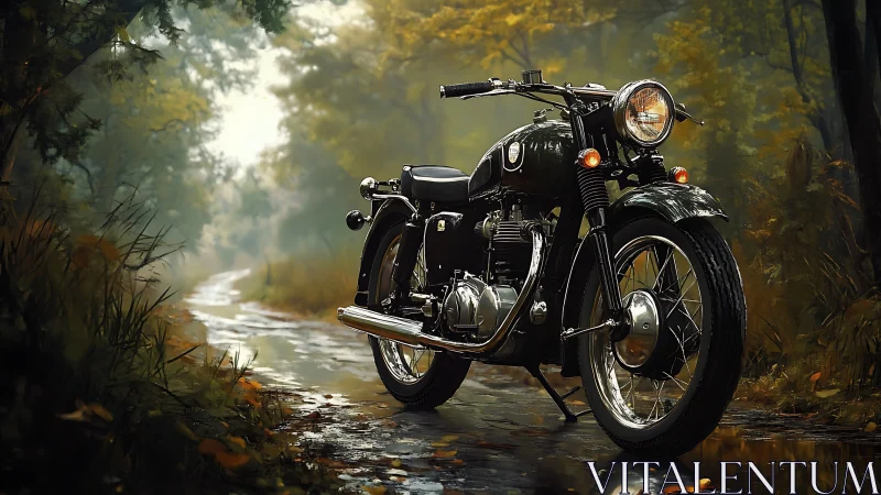 Classic black motorcycle on wet forest trail at dusk.