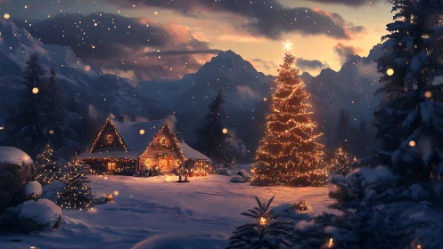 Snowy mountain cabin and lit Christmas tree at winter sunset