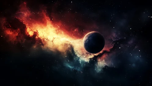 Planetary silhouette against colorful interstellar nebula.
