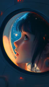 Starlit wonder through a glowing spaceship window.