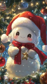 Snowman character in Santa hat amid Christmas tree.