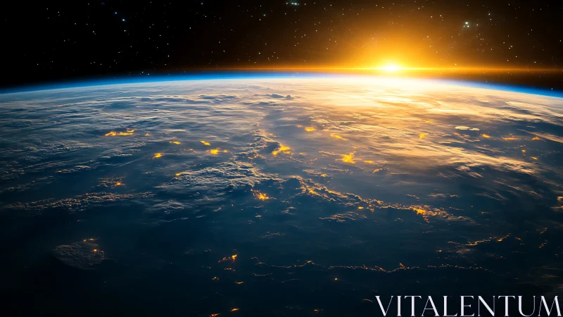 Earth horizon with sunrise viewed from low orbit in space.