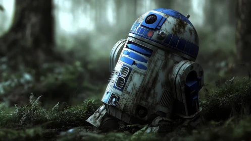 Weathered blue droid resting alone in a misty forest.