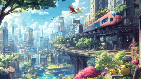 Elevated maglev train over lush biophilic anime megacityscape