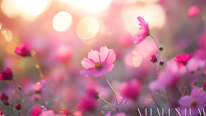 Soft sunrise over pink cosmos field in dreamy bokeh glow.