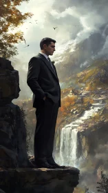 Solitary man in suit contemplates cliffs and waterfalls.