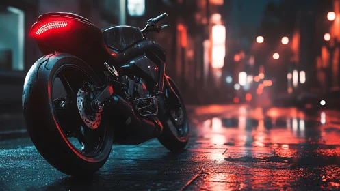High-performance sport bike on wet neon-lit urban street at night