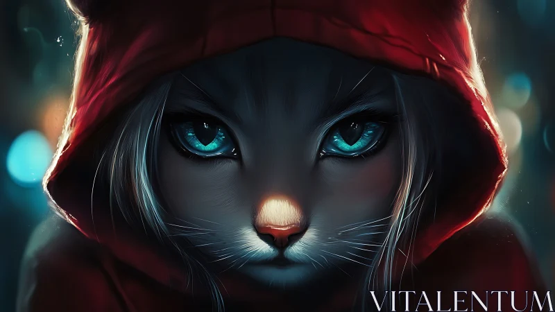 Anthropomorphic cat face stares forward under red hood