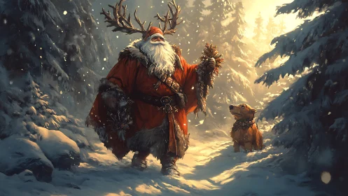 Santa in antler crown walks snowy forest with dog.