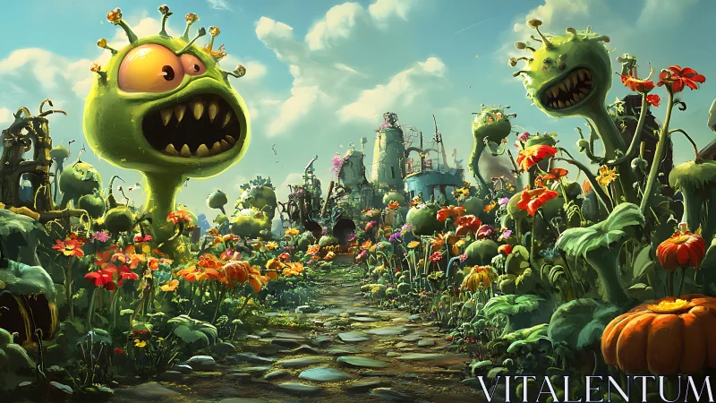 Toothy alien blooms guard a wobbling path to weird towers.