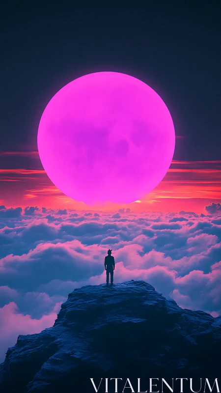 Solitary silhouette on summit facing oversized neon magenta moon