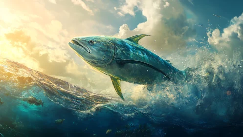 Large tuna emerging from turbulent ocean surface at dawn.