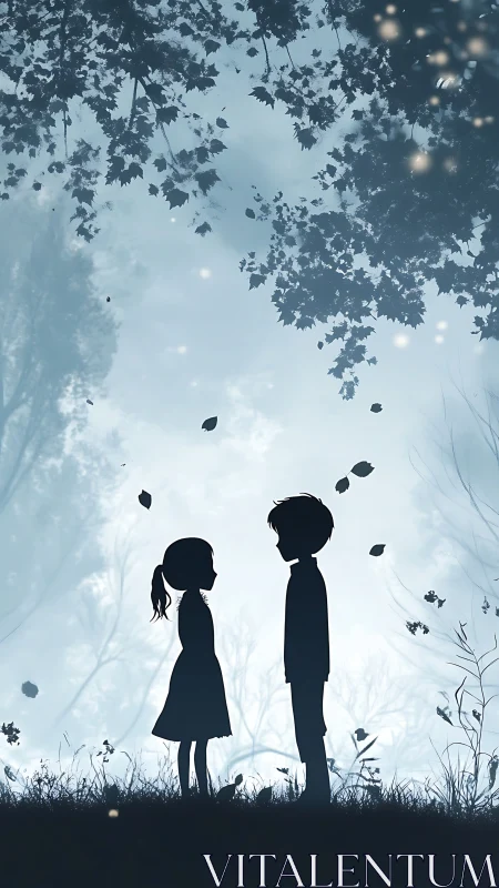 Two Young Hearts Stand Together Under Falling Autumn Leaves