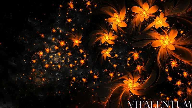 Orange fractal floral structures on dark digital background.