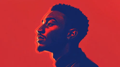 Vectorized duotone male profile under chromatic edge glow.