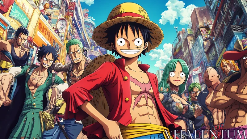 Straw hat pirate crew stands confident in crowded neon city.