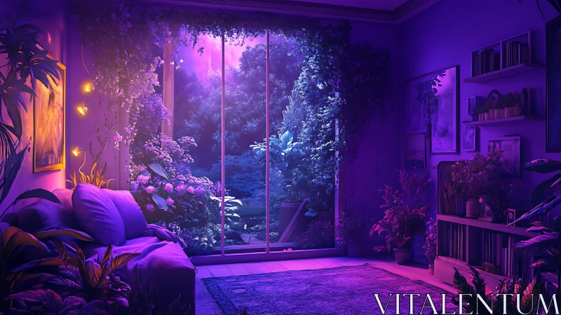 Dreamy neon living room opens onto lush twilight garden